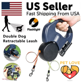 Dual Pet Leash Retractable Reflective Lead 360 Swivel Double Dog Walking Leash