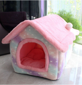 Foldable Dog House Pet Cat Bed Winter Dog Villa Sleep Kennel Removable Nest Warm Enclosed Cave Sofa Pets Supplies (Option: Pink starry sky-Small)