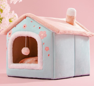 Foldable Dog House Pet Cat Bed Winter Dog Villa Sleep Kennel Removable Nest Warm Enclosed Cave Sofa Pets Supplies (Option: Romantic cherry blossom-Small)